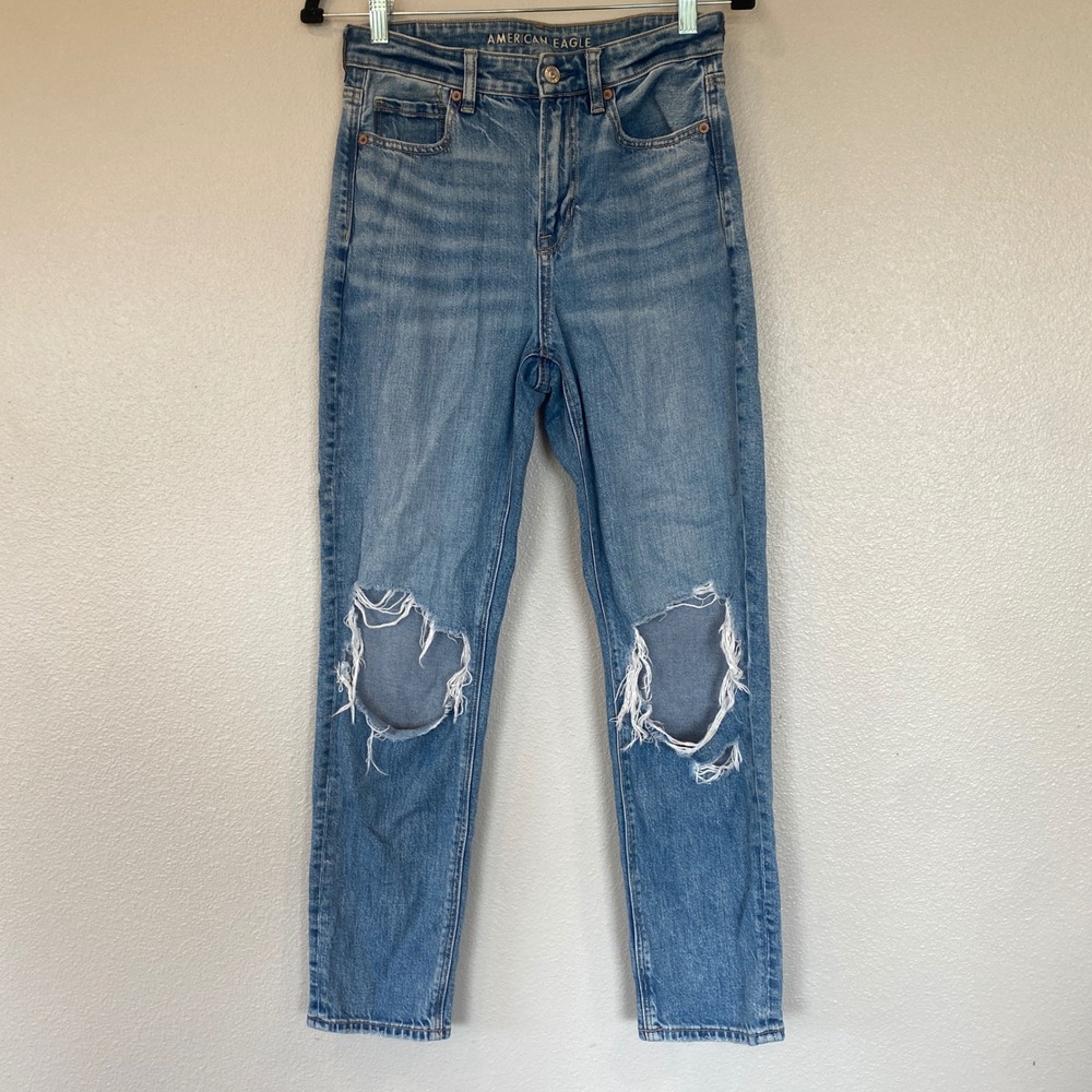 American Eagle Mom Jeans Blue Distressed High Rise Tapered Denim Size 4 Regular